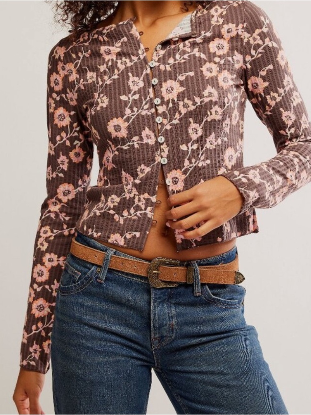 Free People Floral Button-Down Shirt - Brown & Pink || Tilly Printed Long Sleeve